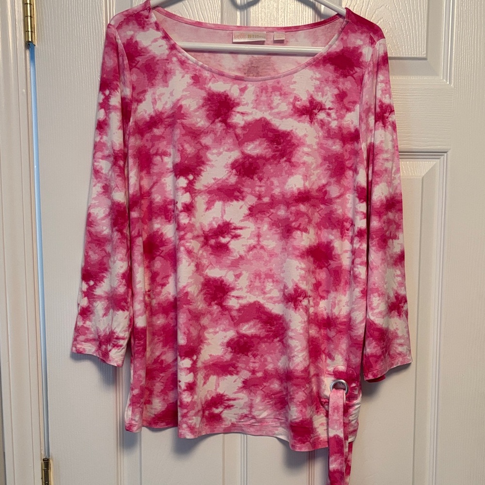 Belle by Kim Gravel Pink and White Tie-Dye 3/4 Sleeve Knit Top